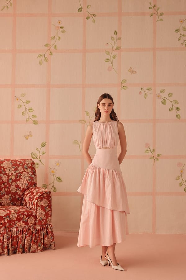 Pink Cotton Satin Tiered Midi Dress — Sage by Mala
