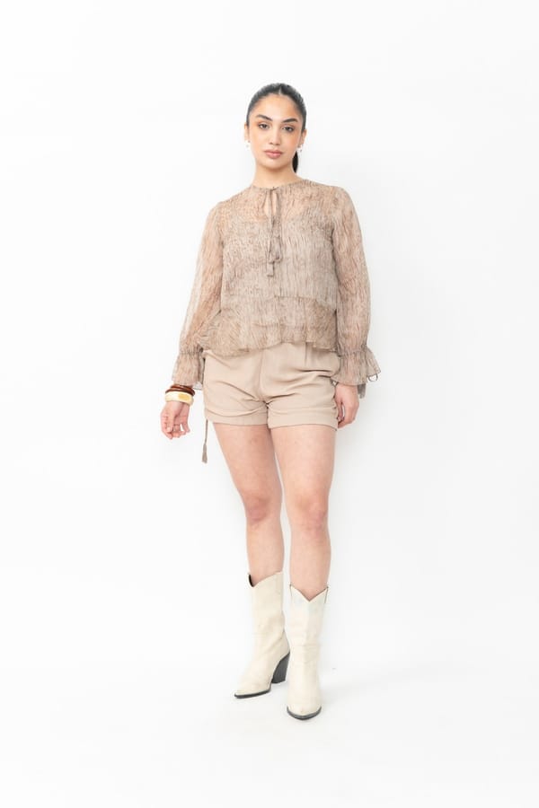 Brown Chiffon Sheer Blouse and Utility Shorts Co-ord Set — Contemponari