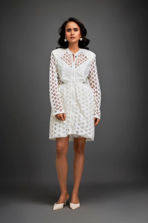 Mesh Dress With Geometric Patterns And Silver Metallic Lining — Deepika Arora