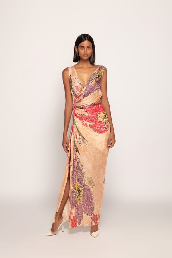 Peach Printed Micro-Pleated Wrap Maxi Dress — Saaksha and Kinni