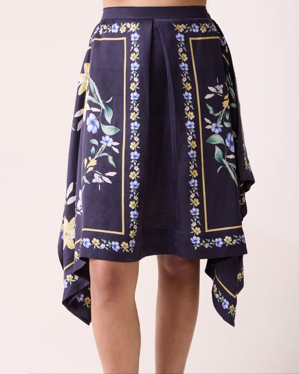 Navy Linen Satin Floral Asymmetric Hem Knee-Length Skirt — Needle Ten
