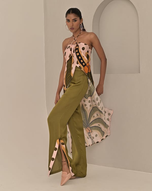 Olive Straight-Leg Trousers with Contrast Print Hem — Missy Co.