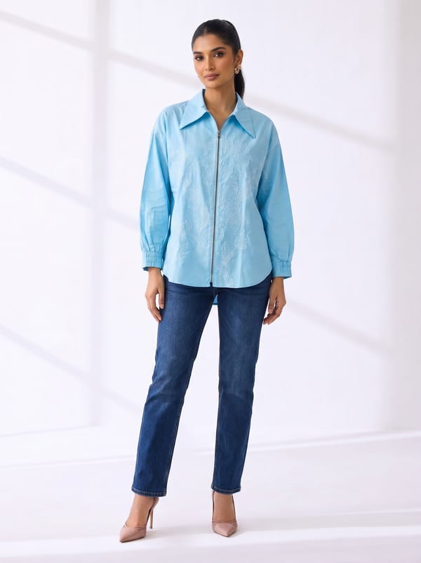Sky Blue Zip-Front Collared Cotton Shirt — Ang-sa