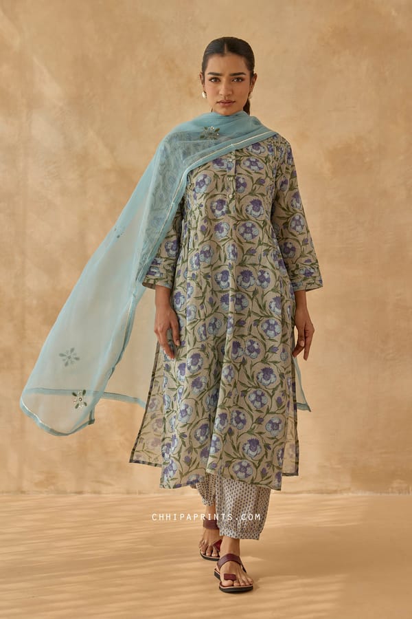 Cotton Dobby Anar Jaal Print Kurta Set in Blue — CHHIPA JAIPUR