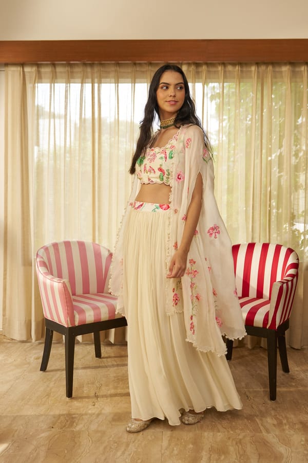 Ivory Printed Cape Lehenga Set with Floral Applique — SURABHI ARYA