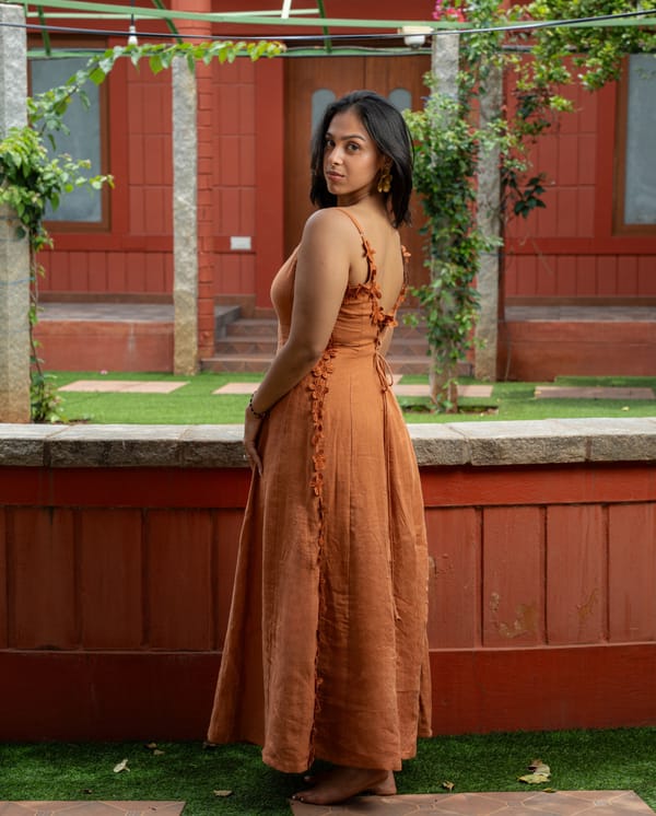 Tangerine Linen Fit and Flare Midi Dress with Corset Back — Akirah