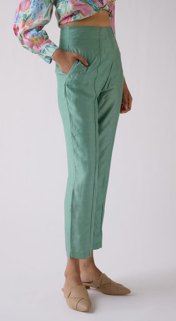 Green High-Rise Straight-Fit Trousers with Smocked Waist — Basanti Kapde aur Koffee