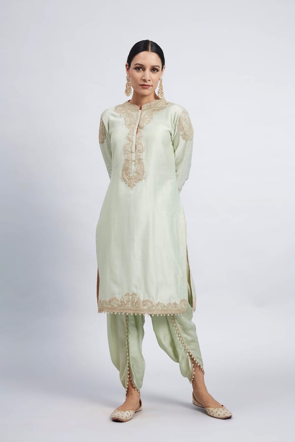 Mint Green Embroidered Kurta With Dhoti Set — Sheetal Batra