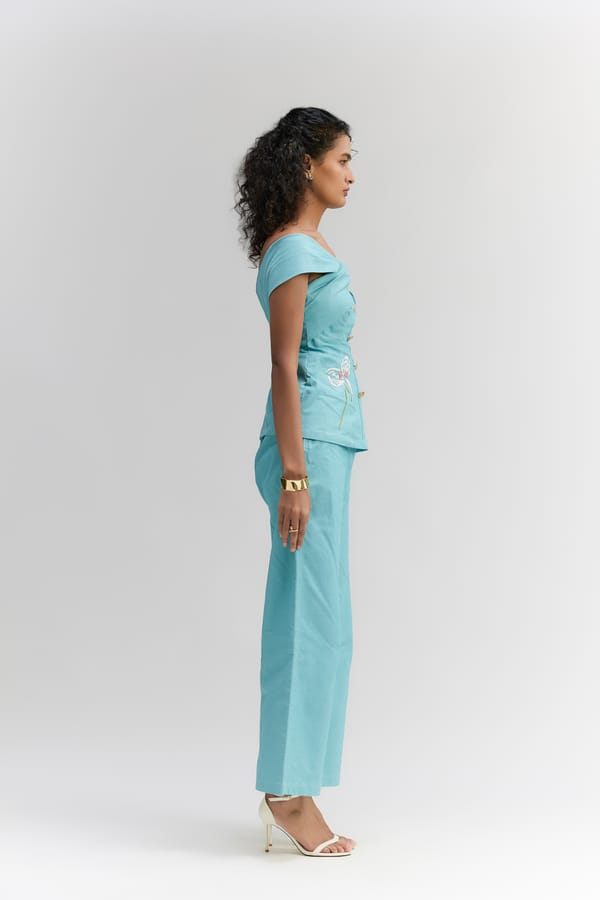 Aqua Blue Denim Straight Fit Pants — Itara an another