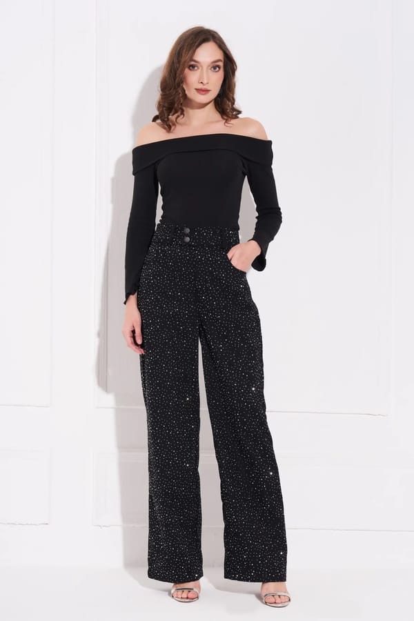 Black Crystal-Embellished Wide-Leg Denim Trousers — Torqadorn