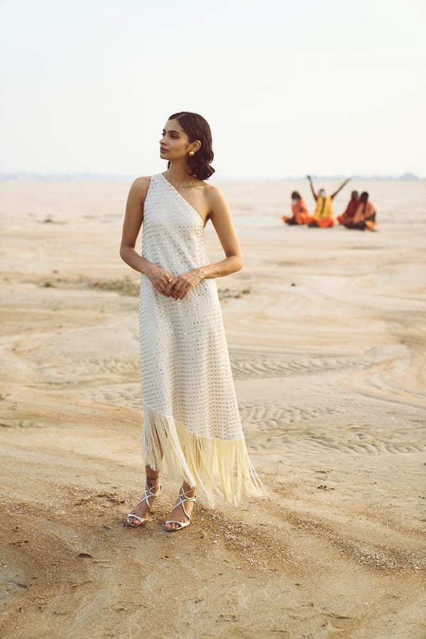 Ivory One-Shoulder Mirror Sequin Fringe Midi Dress — Dash and Dot