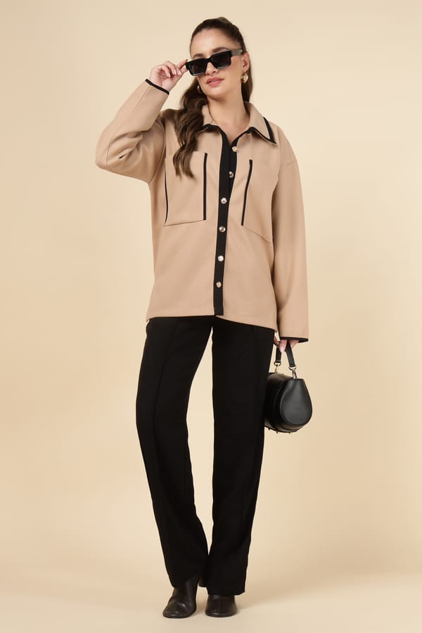 Camel Colorblock Button-Front Shirt with Contrast Trim — AYRISS