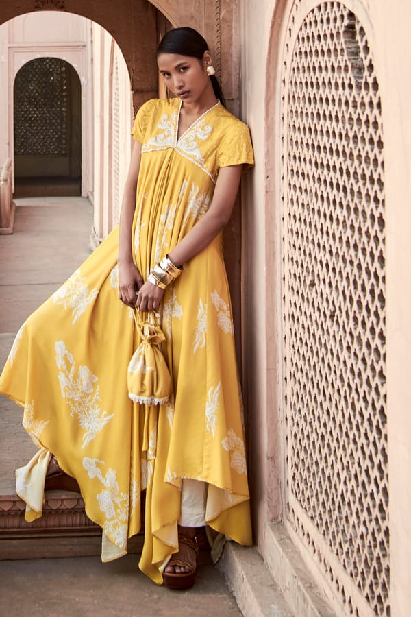 Yellow Floral Printed Asymmetrical Kurta Set with Straight Pants — LABEL NAARITI