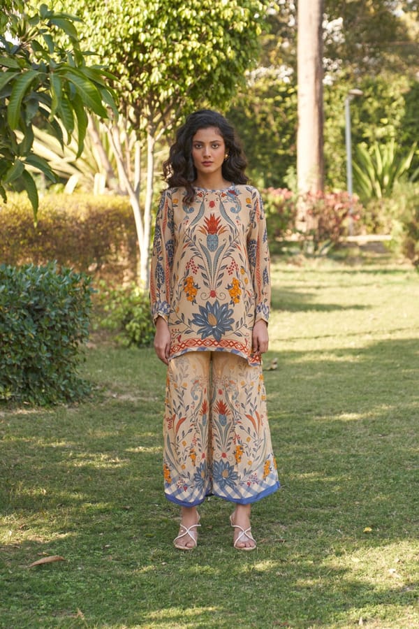 Beige Floral Crepe Tunic and Wide-Leg Pants Co-ord Set — Chakkraa