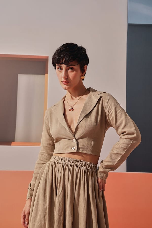 Sand Linen-Blend Cropped Lapel Collar Button-Front Top — Sage by Mala