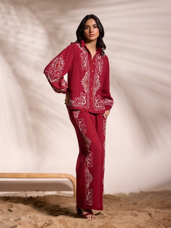 Maroon Embroidered Wide-Leg Cotton Trousers — Style Island