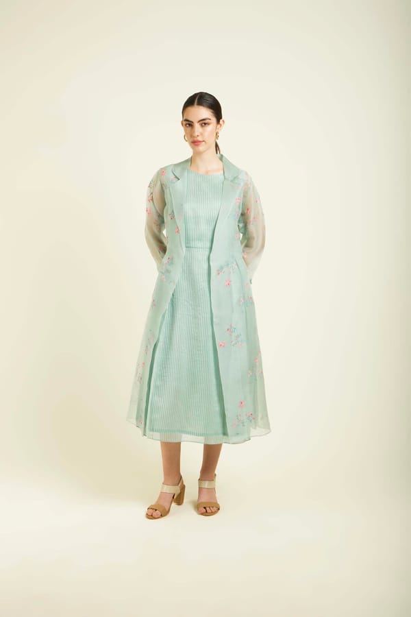 Mint Stripe Organza Midi Dress with Sheer Printed Jacket — Arcvsh Pallavi Singh