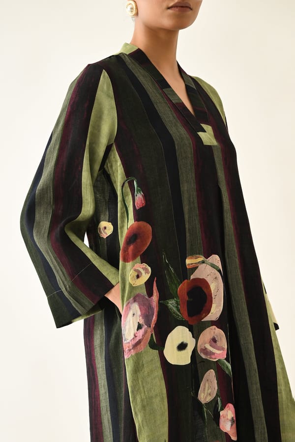 Green Striped Abstract Print Maxi A-Line Dress — Ofrida