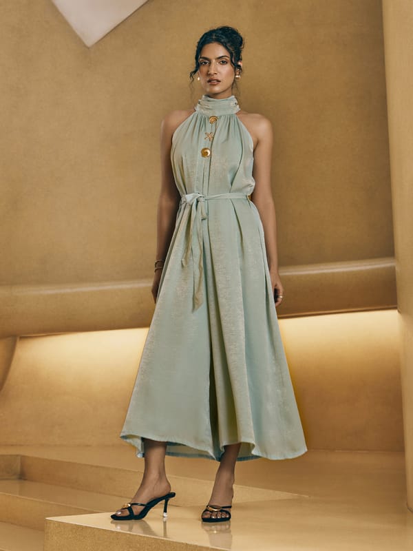 Sea Green Satin Halter Neck Belted Wide-Leg Jumpsuit — HOUSE OF FETT