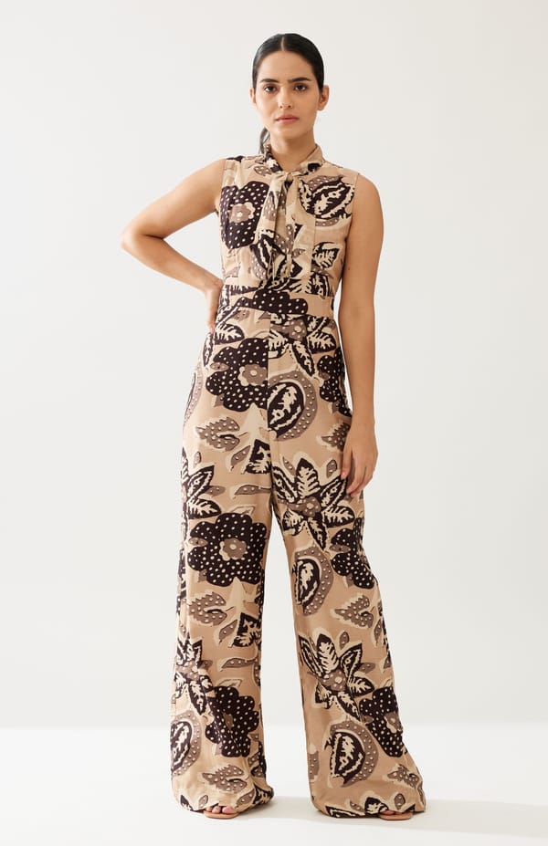 Cream And Dark Brown Floral Bow Tie Jumpsuit — KoAi