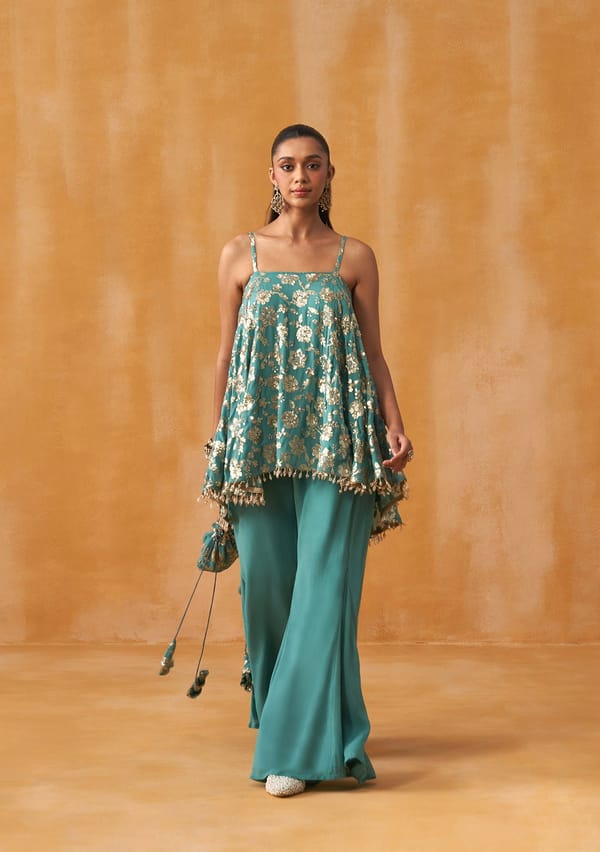 Pataka Sharara Set With Potli (Teal) — AMOSHI
