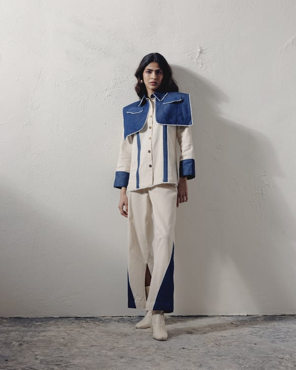 Blue and White Colorblocked Denim Shirt with Shoulder Flap — Veera Wear