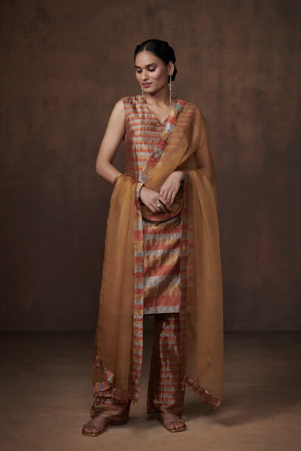 Metallic Striped Tissue Kurta and Pant Set — Dressfolk