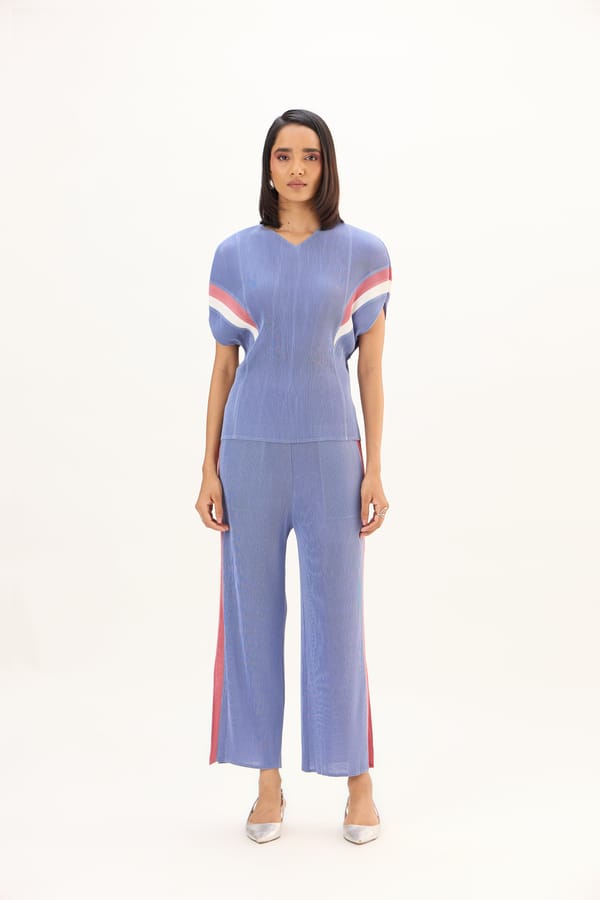 Light Blue Pleated Lounge Co-ord Set with Contrast Stripes — Scarlet Sage