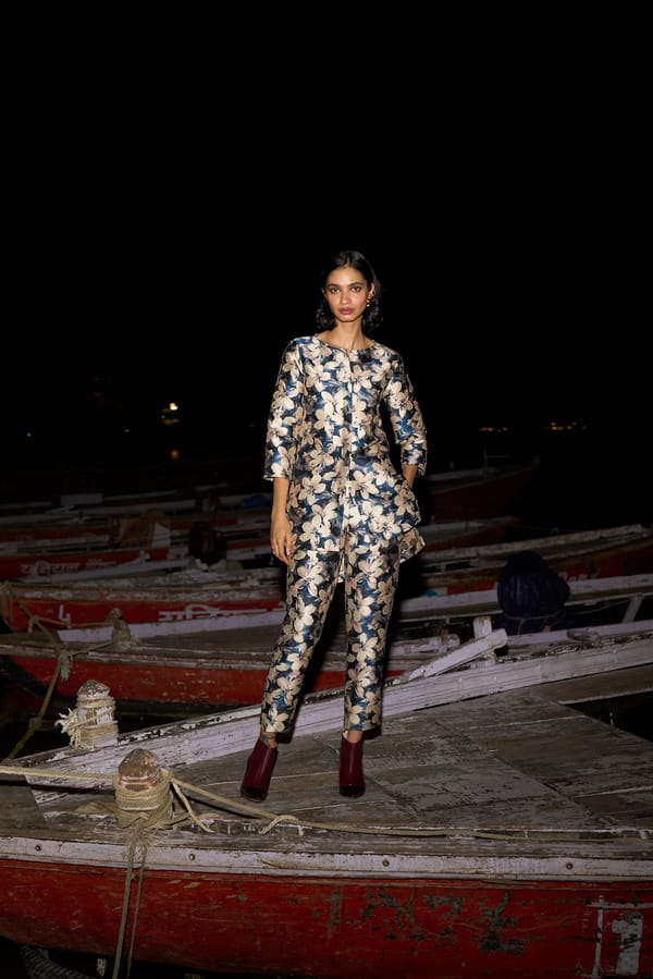 Navy Multi Floral Brocade Tapered Trousers — Dash and Dot