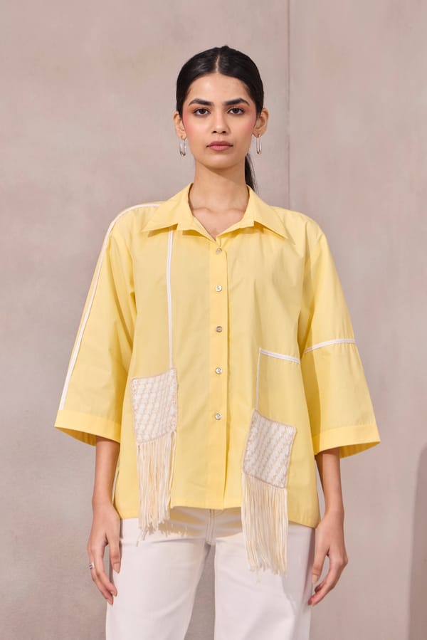 Lemon Sorbet Boxy Crop Shirt with Crochet Fringe Pockets — 63East