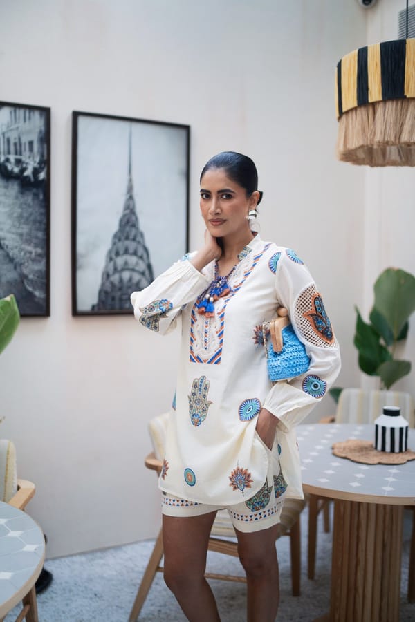 Rust & Blue Hamza Print Kurta — TASHA INDIA