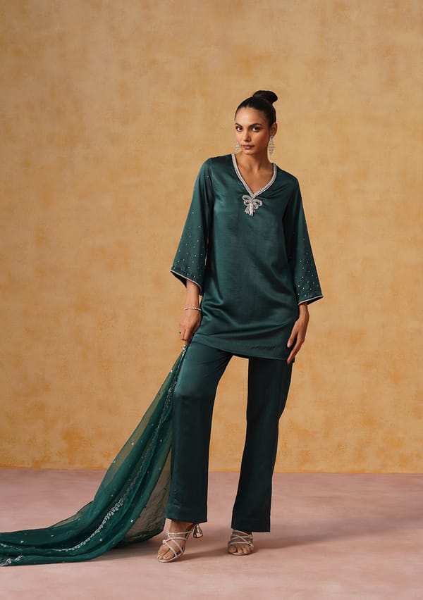 Bottle Green Satin Embellished Kurta Set — AMOSHI