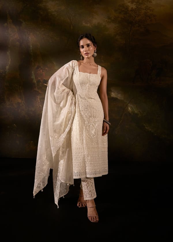 White Organza Chikankari Corset Anarkali Kurta Set — Lea Clothing