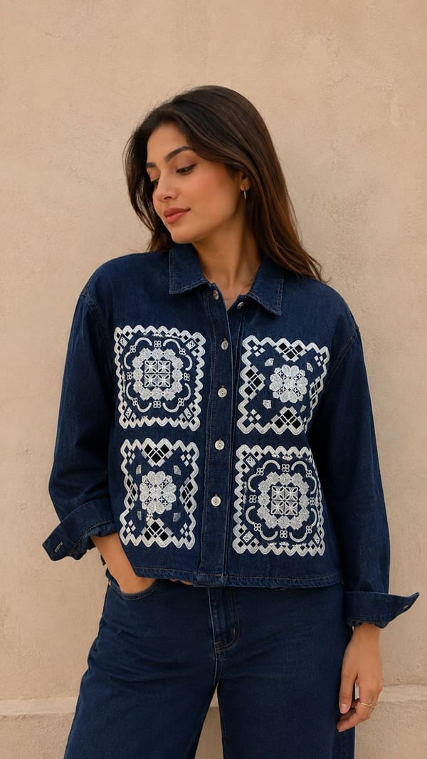 Geometric Motif Denim Shirt — CLOSET AFFAIR