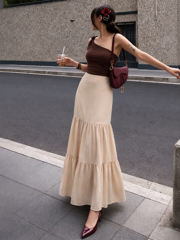 Cotton Linen Beige Tiered Maxi Skirt — Femmella