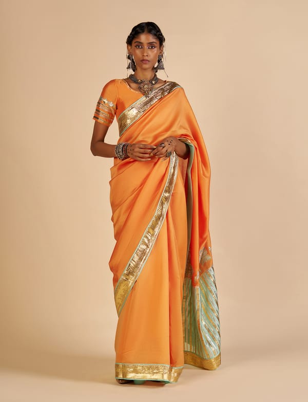 Orange Silk Chanderi Saree with Aqua Pallu and Gota Border — Gulabo by Abu Sandeep