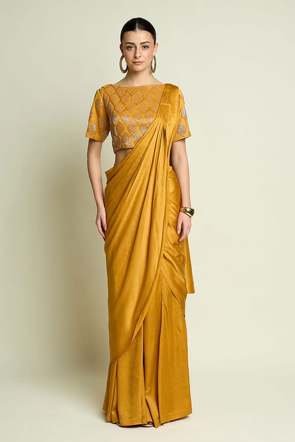 Yellow Palazzo Saree With Embellished Blouse — Aakaar