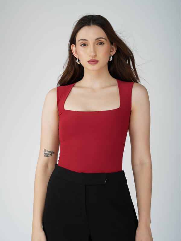 Red Square Neck Bodysuit-Echo Bodysuit (Cherry) — Select Staples