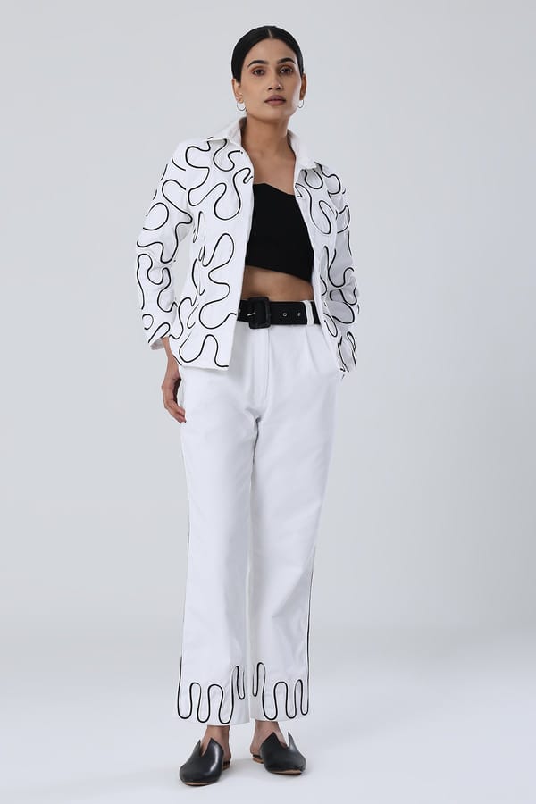 White Cotton Twill Blazer with Black Dori Work — SHIBUI