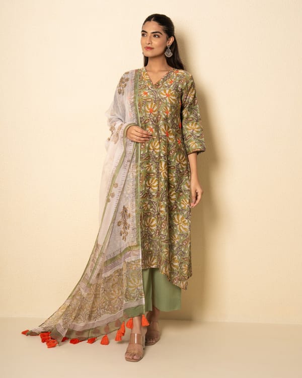 Olive Meadow Chanderi Floral Block Print Suit Set (Set of 3) — Kameez