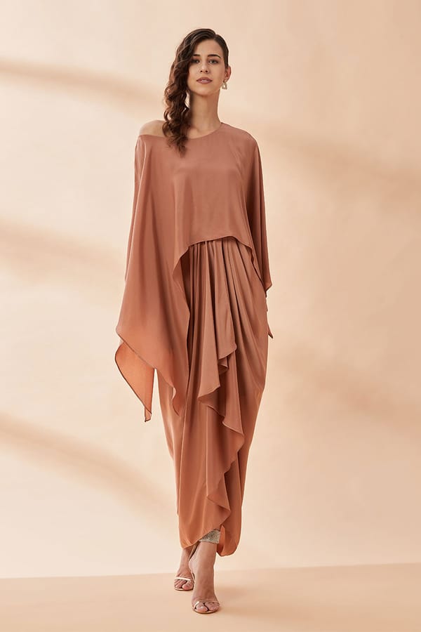 Golden Nude One-Shoulder Cape Drape Maxi Dress — Aakaar