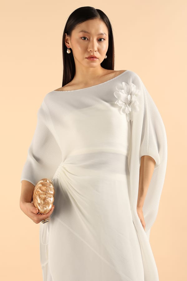 White Off-Shoulder Pleated Co-ord Set with 3D Flower — Pleats by Aruni