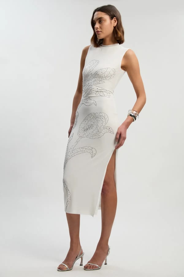 White Rhinestone Floral Bodycon Midi Dress with Slit — KAREN MILLEN