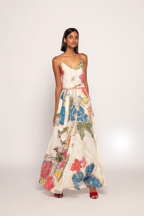 Ivory Satin Printed V-Neck Maxi Dress with Detachable Belt — Saaksha and Kinni