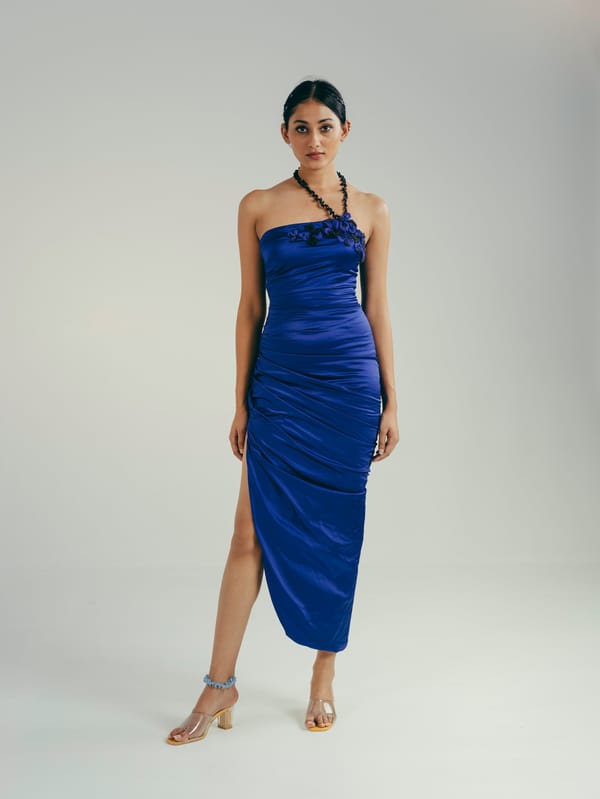 Blue Draped Stretch Satin Midi Dress — Vrinda Soni
