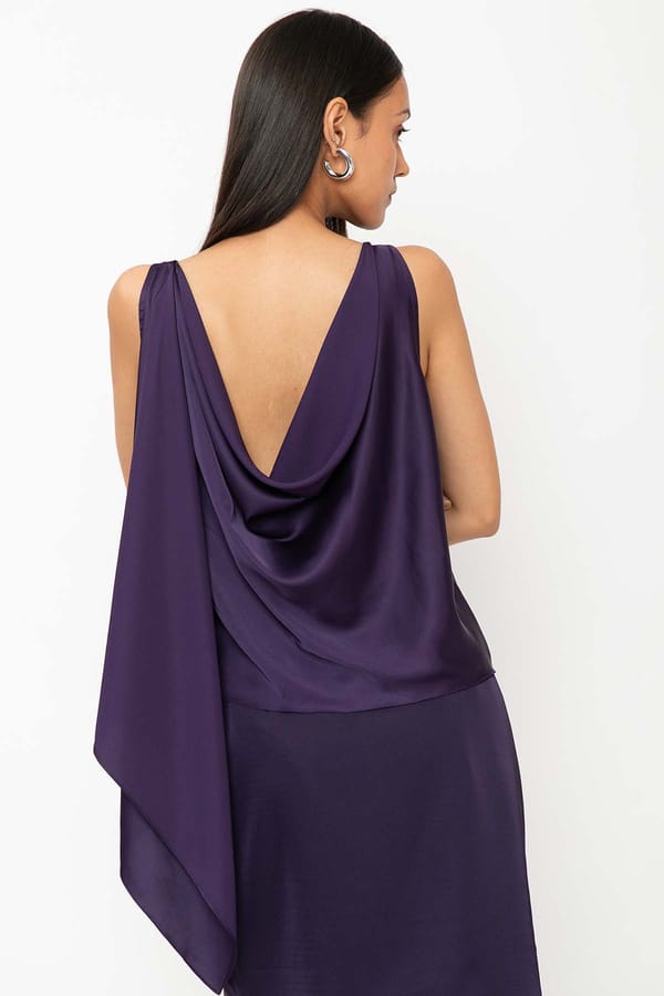 Purple Satin Lycra Boat Neck Cowl Back Top — Contemponari