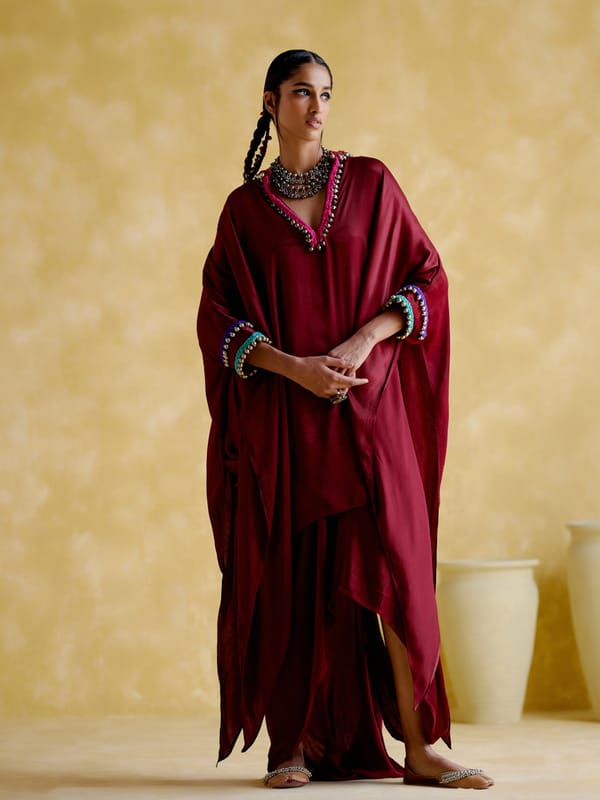 Maroon Modal Satin Embellished Tunic Co-ord Set — 5 Elements