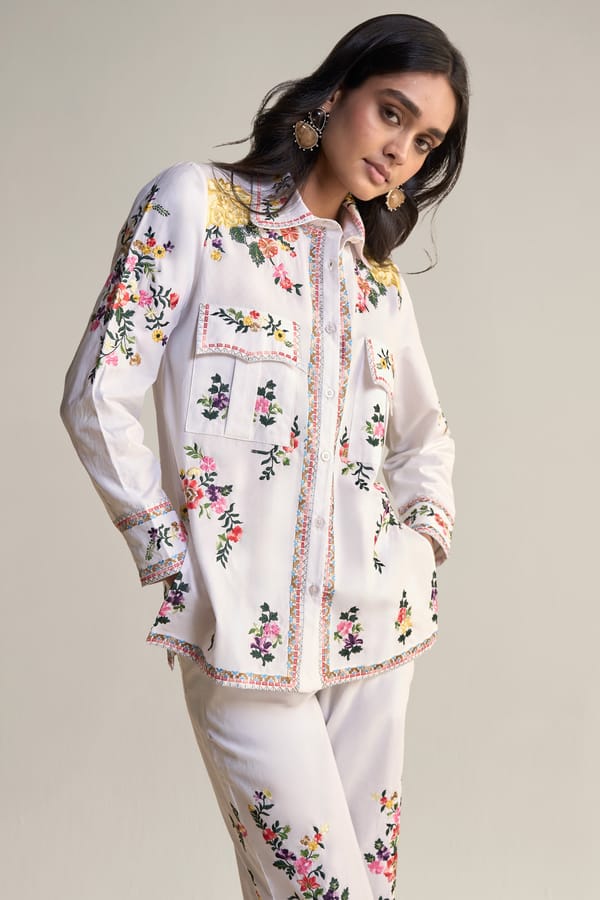 Multi Floral Embroidered Organic Cotton Poplin Shirt — Dash and Dot