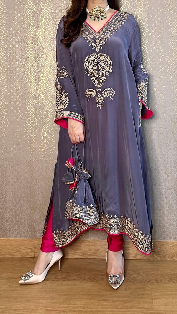 Grey Crepe Phiran With Potli — Kylee Fashions