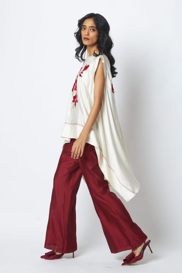 Ivory Embroidered High-Low Top and Wine Pants Co-ord Set — Madder Much